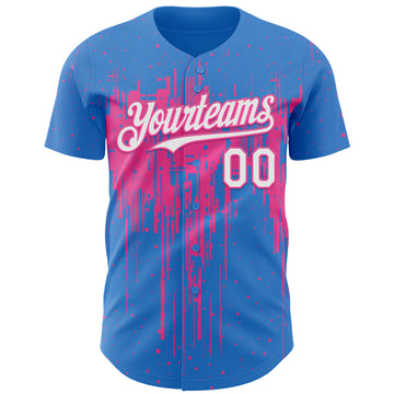 Custom Powder Blue White-Pink 3D Pattern Design Dripping Splatter Paint Authentic Baseball Jersey