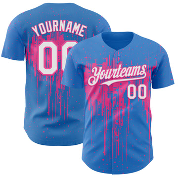 Custom Powder Blue White-Pink 3D Pattern Design Dripping Splatter Paint Authentic Baseball Jersey
