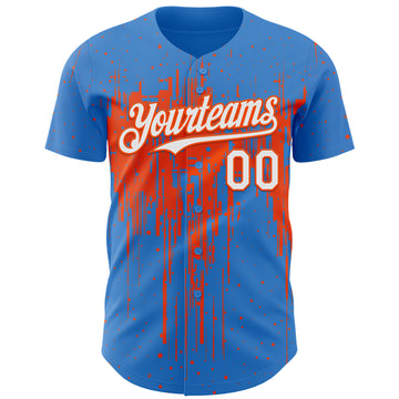 Custom Powder Blue White-Orange 3D Pattern Design Dripping Splatter Paint Authentic Baseball Jersey