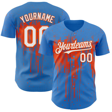 Custom Powder Blue White-Orange 3D Pattern Design Dripping Splatter Paint Authentic Baseball Jersey