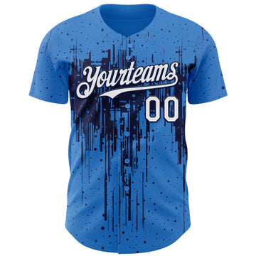 Custom Powder Blue White-Navy 3D Pattern Design Dripping Splatter Paint Authentic Baseball Jersey
