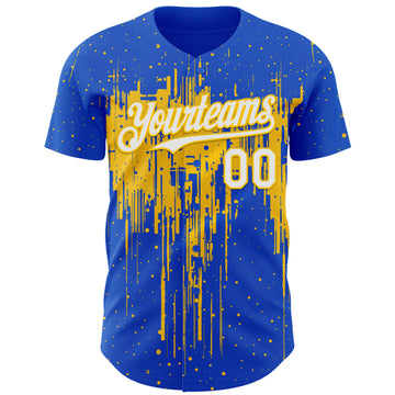 Custom Thunder Blue White-Yellow 3D Pattern Design Dripping Splatter Paint Authentic Baseball Jersey