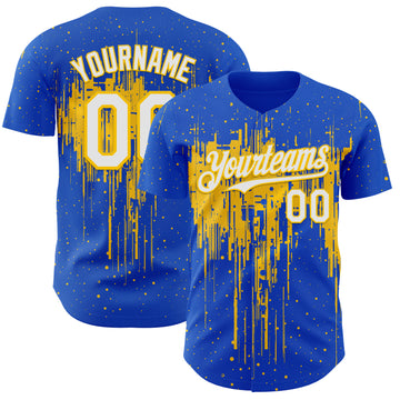 Custom Thunder Blue White-Yellow 3D Pattern Design Dripping Splatter Paint Authentic Baseball Jersey
