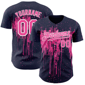 Custom Navy Pink-White 3D Pattern Design Dripping Splatter Paint Authentic Baseball Jersey