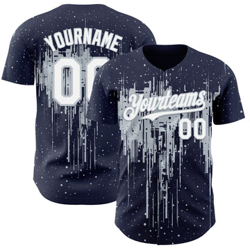 Custom Navy White-Silver 3D Pattern Design Dripping Splatter Paint Authentic Baseball Jersey