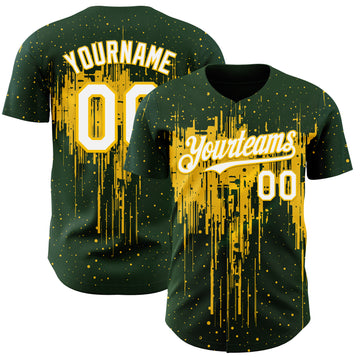 Custom Green White-Yellow 3D Pattern Design Dripping Splatter Paint Authentic Baseball Jersey