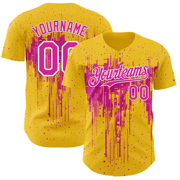 Custom Yellow Deep Pink-White 3D Pattern Design Dripping Splatter Paint Authentic Baseball Jersey