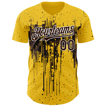 Custom Yellow Brown-White 3D Pattern Design Dripping Splatter Paint Authentic Baseball Jersey