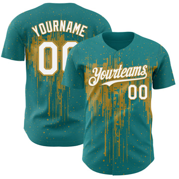 Custom Teal White-Old Gold 3D Pattern Design Dripping Splatter Paint Authentic Baseball Jersey
