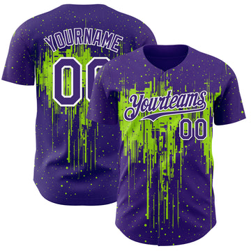 Custom Purple White-Neon Green 3D Pattern Design Dripping Splatter Paint Authentic Baseball Jersey