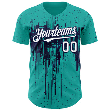 Custom Aqua White-Navy 3D Pattern Design Dripping Splatter Paint Authentic Baseball Jersey