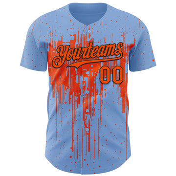 Custom Light Blue Orange-Black 3D Pattern Design Dripping Splatter Paint Authentic Baseball Jersey