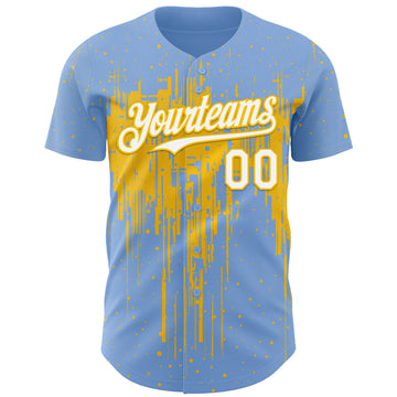 Custom Light Blue White-Yellow 3D Pattern Design Dripping Splatter Paint Authentic Baseball Jersey