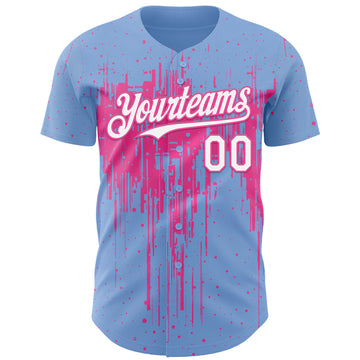 Custom Light Blue White-Pink 3D Pattern Design Dripping Splatter Paint Authentic Baseball Jersey