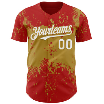 Custom Red White-Old Gold 3D Pattern Design Abstract Splatter Grunge Paint Authentic Baseball Jersey