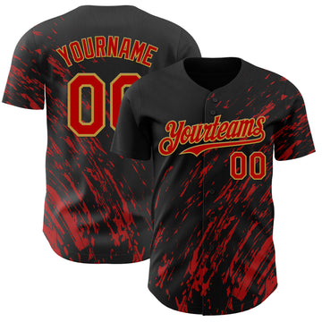 Custom Black Red-Old Gold 3D Pattern Design Paint Stroke Grunge Streak Authentic Baseball Jersey