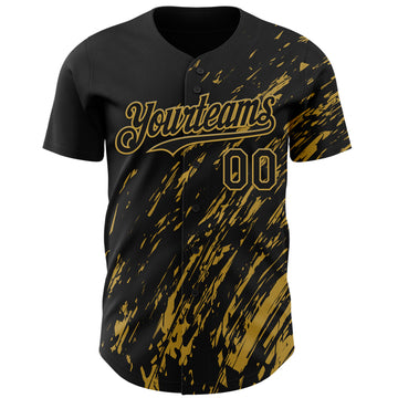 Custom Black Old Gold 3D Pattern Design Paint Stroke Grunge Streak Authentic Baseball Jersey
