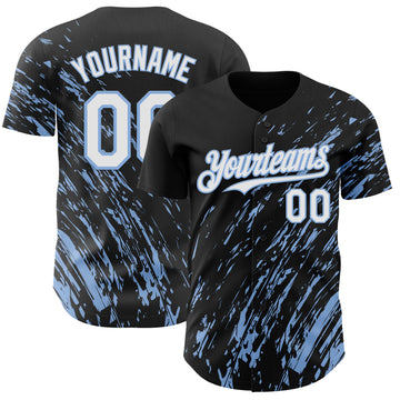 Custom Black White-Light Blue 3D Pattern Design Paint Stroke Grunge Streak Authentic Baseball Jersey