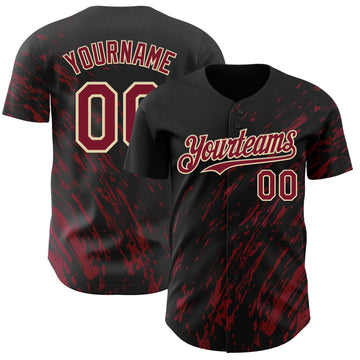 Custom Black Crimson-Cream 3D Pattern Design Paint Stroke Grunge Streak Authentic Baseball Jersey