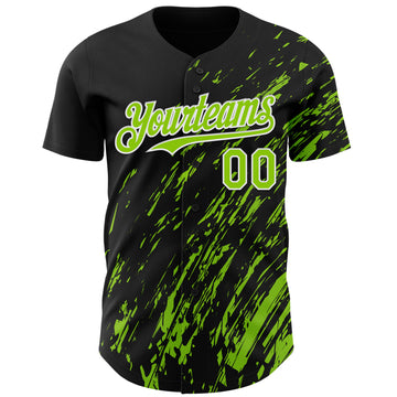 Custom Black Neon Green-White 3D Pattern Design Paint Stroke Grunge Streak Authentic Baseball Jersey