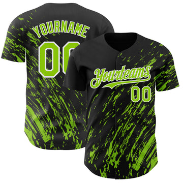 Custom Black Neon Green-White 3D Pattern Design Paint Stroke Grunge Streak Authentic Baseball Jersey