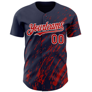 Custom Navy Red-White 3D Pattern Design Paint Stroke Grunge Streak Authentic Baseball Jersey
