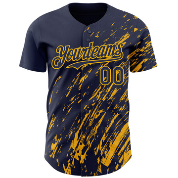 Custom Navy Gold 3D Pattern Design Paint Stroke Grunge Streak Authentic Baseball Jersey