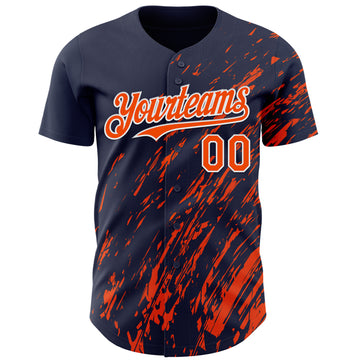 Custom Navy Orange-White 3D Pattern Design Paint Stroke Grunge Streak Authentic Baseball Jersey