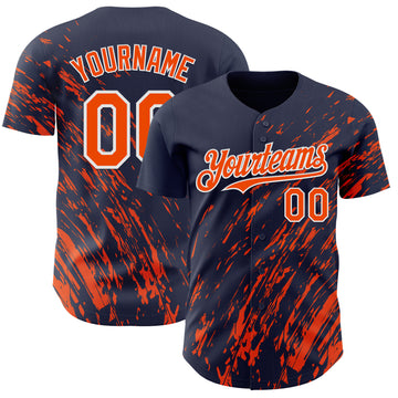 Custom Navy Orange-White 3D Pattern Design Paint Stroke Grunge Streak Authentic Baseball Jersey