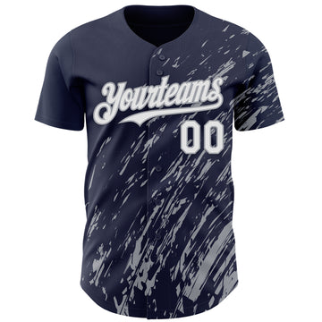 Custom Navy White-Gray 3D Pattern Design Paint Stroke Grunge Streak Authentic Baseball Jersey