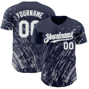 Custom Navy White-Gray 3D Pattern Design Paint Stroke Grunge Streak Authentic Baseball Jersey