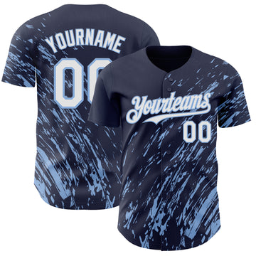 Custom Navy White-Light Blue 3D Pattern Design Paint Stroke Grunge Streak Authentic Baseball Jersey