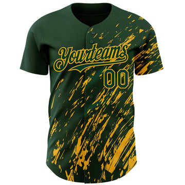 Custom Green Gold 3D Pattern Design Paint Stroke Grunge Streak Authentic Baseball Jersey