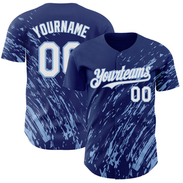 Custom Royal White-Light Blue 3D Pattern Design Paint Stroke Grunge Streak Authentic Baseball Jersey