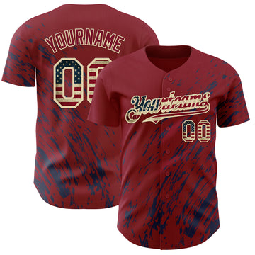 Custom Crimson Vintage USA Flag Navy-Cream 3D Pattern Design Paint Stroke Grunge Streak Authentic Baseball Jersey