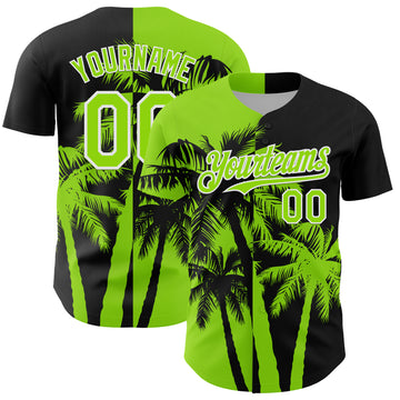 Custom Black Neon Green-White 3D Pattern Design Hawaii Palm Trees Tropical Coconut Authentic Baseball Jersey