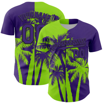 Custom Purple Neon Green-Black 3D Pattern Design Hawaii Palm Trees Tropical Coconut Authentic Baseball Jersey