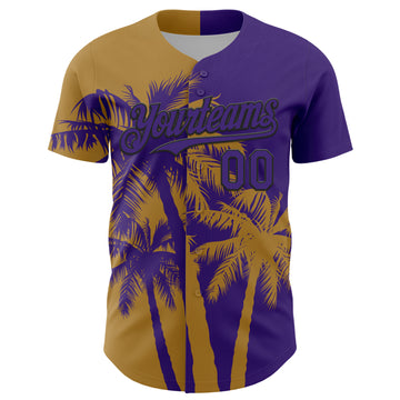 Custom Purple Old Gold-Black 3D Pattern Design Hawaii Palm Trees Tropical Coconut Authentic Baseball Jersey