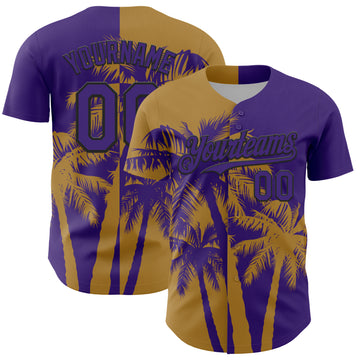 Custom Purple Old Gold-Black 3D Pattern Design Hawaii Palm Trees Tropical Coconut Authentic Baseball Jersey