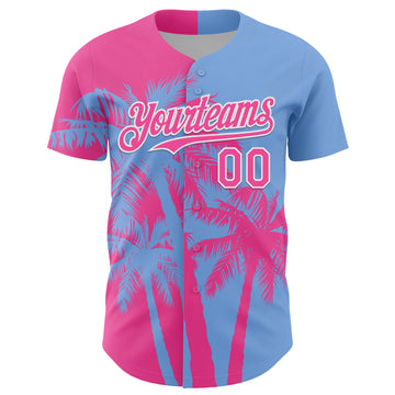 Custom Light Blue Pink-White 3D Pattern Design Hawaii Palm Trees Tropical Coconut Authentic Baseball Jersey