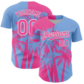 Custom Light Blue Pink-White 3D Pattern Design Hawaii Palm Trees Tropical Coconut Authentic Baseball Jersey