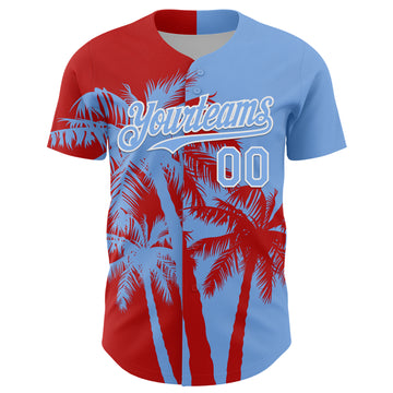 Custom Light Blue Red-White 3D Pattern Design Hawaii Palm Trees Tropical Coconut Authentic Baseball Jersey
