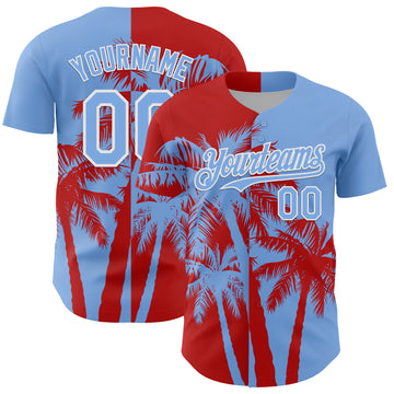 Custom Light Blue Red-White 3D Pattern Design Hawaii Palm Trees Tropical Coconut Authentic Baseball Jersey