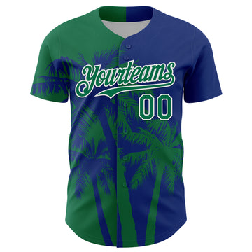 Custom Royal Kelly Green-White 3D Pattern Design Hawaii Palm Trees Tropical Coconut Authentic Baseball Jersey