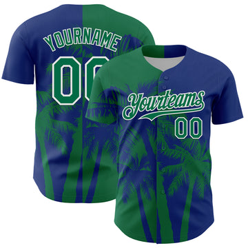 Custom Royal Kelly Green-White 3D Pattern Design Hawaii Palm Trees Tropical Coconut Authentic Baseball Jersey