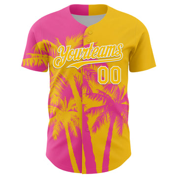 Custom Yellow Pink-White 3D Pattern Design Hawaii Palm Trees Tropical Coconut Authentic Baseball Jersey