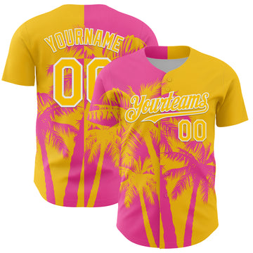 Custom Yellow Pink-White 3D Pattern Design Hawaii Palm Trees Tropical Coconut Authentic Baseball Jersey