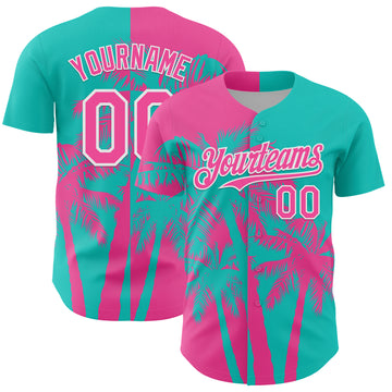 Custom Aqua Pink-White 3D Pattern Design Hawaii Palm Trees Tropical Coconut Authentic Baseball Jersey