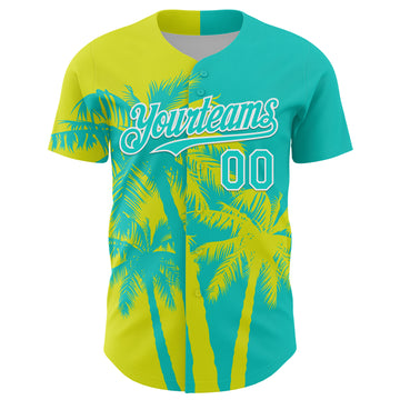 Custom Aqua Neon Yellow-White 3D Pattern Design Hawaii Palm Trees Tropical Coconut Authentic Baseball Jersey