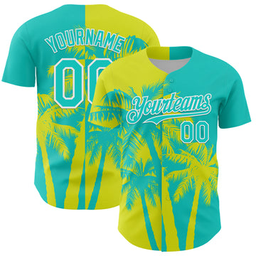 Custom Aqua Neon Yellow-White 3D Pattern Design Hawaii Palm Trees Tropical Coconut Authentic Baseball Jersey